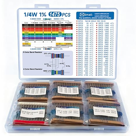 Miuzei 1475 Pieces Resistor Assortment Includes 52 Resistor Values Kit 1/4 W High Accuracy Metal Film 0 Ohm to 5.6 m Ohm Resistors Set of 50 IN4148 Switching Diodes Electronics DIY Project