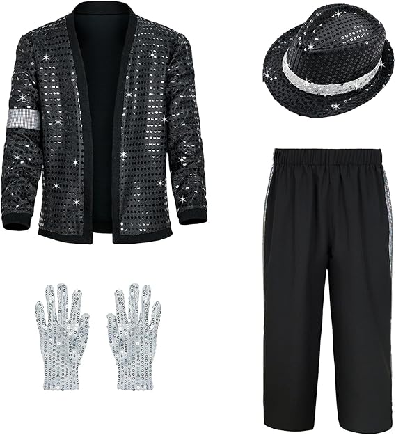 Boys 70s jacket Disco Outfits Pop King costume kids Dance Star Set | Large-area sequins,Glittering gloves,classic black and white color matching,and the loose fitting design