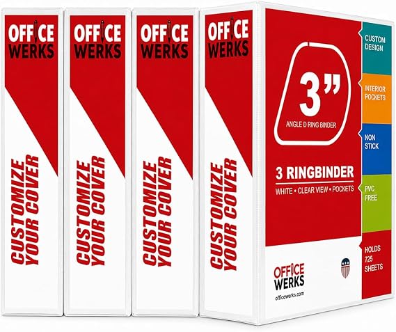 3 Inch 3 Ring Binder 4 Pack, D-Ring, Holds 725 Sheets, White, PVC-Free
