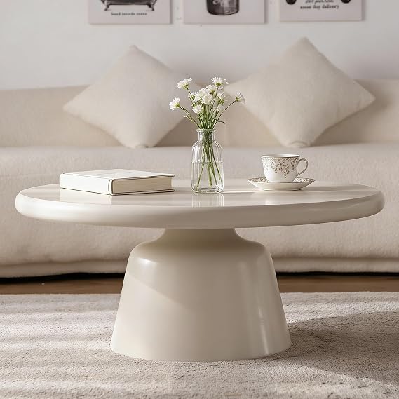 31.5" Cream Round Coffee Table with Sturdy Pedestal for Living Room | Modern Circle Drum Coffee Table Minimalist Low Center Table for Small Spaces Apartment Lounge, Easy Assembly, Fiberglass Base