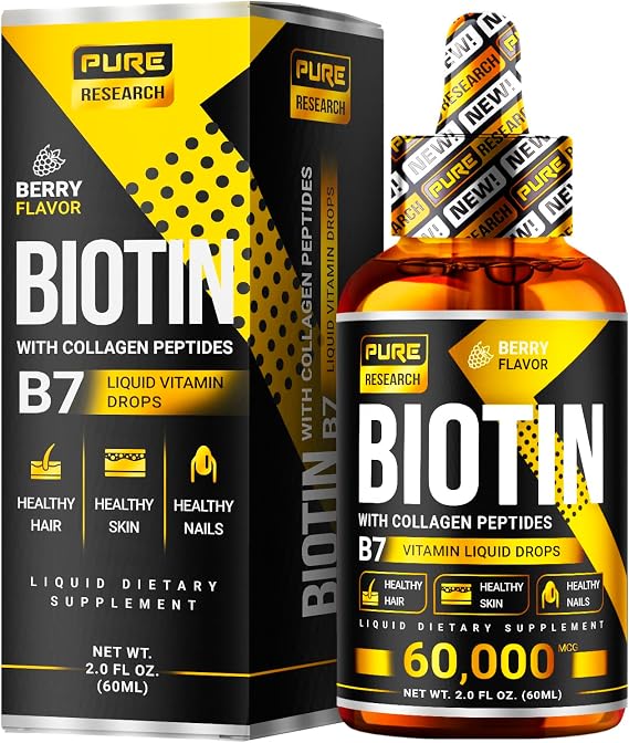 PURE RESEARCH Liquid Biotin & Collagen Hair Growth Drops 60,000mcg Biotin and Liquid Collagen Supplements for Women & Men Supports Glowing Skin, Healthy Hair & Nail Growth (2Fl Oz)