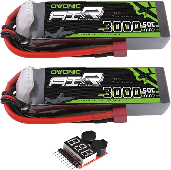 OVONIC 3S Lipo Battery 50C 3000mAh 11.1V Lipo Battery with Dean-Style T Connector for RC Airplane Helicopter Quadcopter RC Car Truck Boat(2 Packs)(with Lipo Voltage Checker)