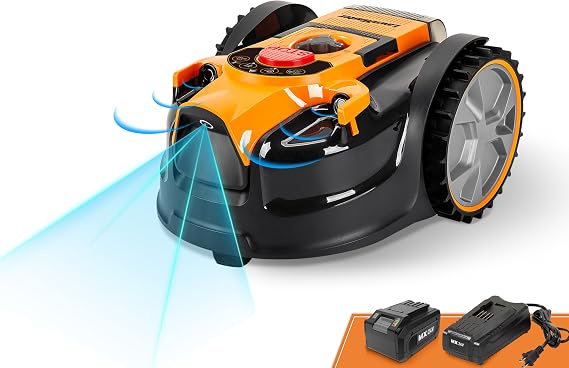 LawnMaster OcuMow Perimeter Wire Free Robot Lawn Mower Cuts Small Grass 1000-2000 Square Feet Features optical navigation, obstacle avoidance, low noise, no movement