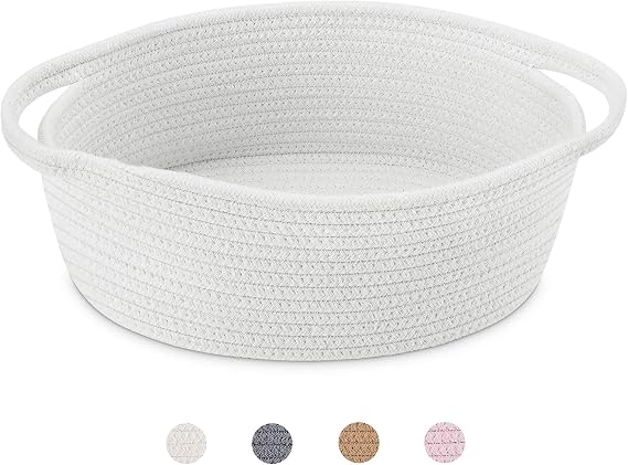ABenkle Small Basket with Handles, Boho Decorative Rope Woven Dog Cat Toy Storage Bin Shelf Storage Organizer, Easter Christmas Gift Basket, 12"x8"x5", White