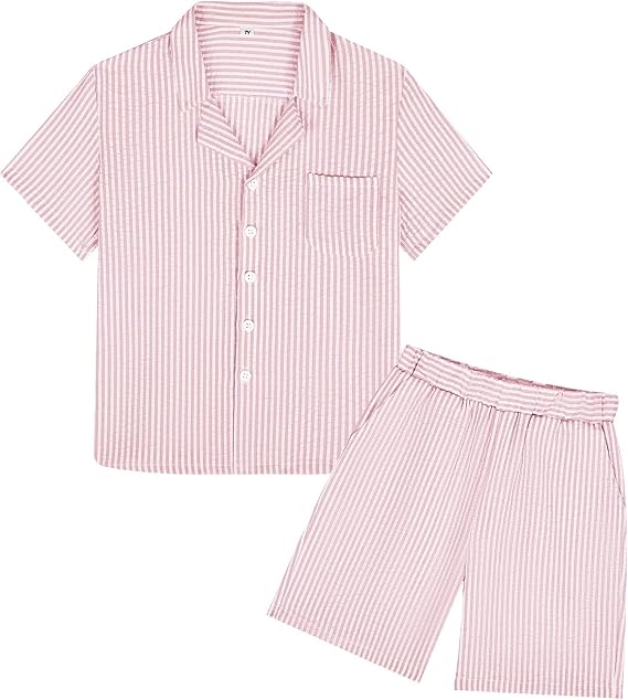 Boy's 2 Piece Beach Outfit Pink Short Sleeve Textured Button Down Shirt and Short Sets Summer Vacation Wear Size 12