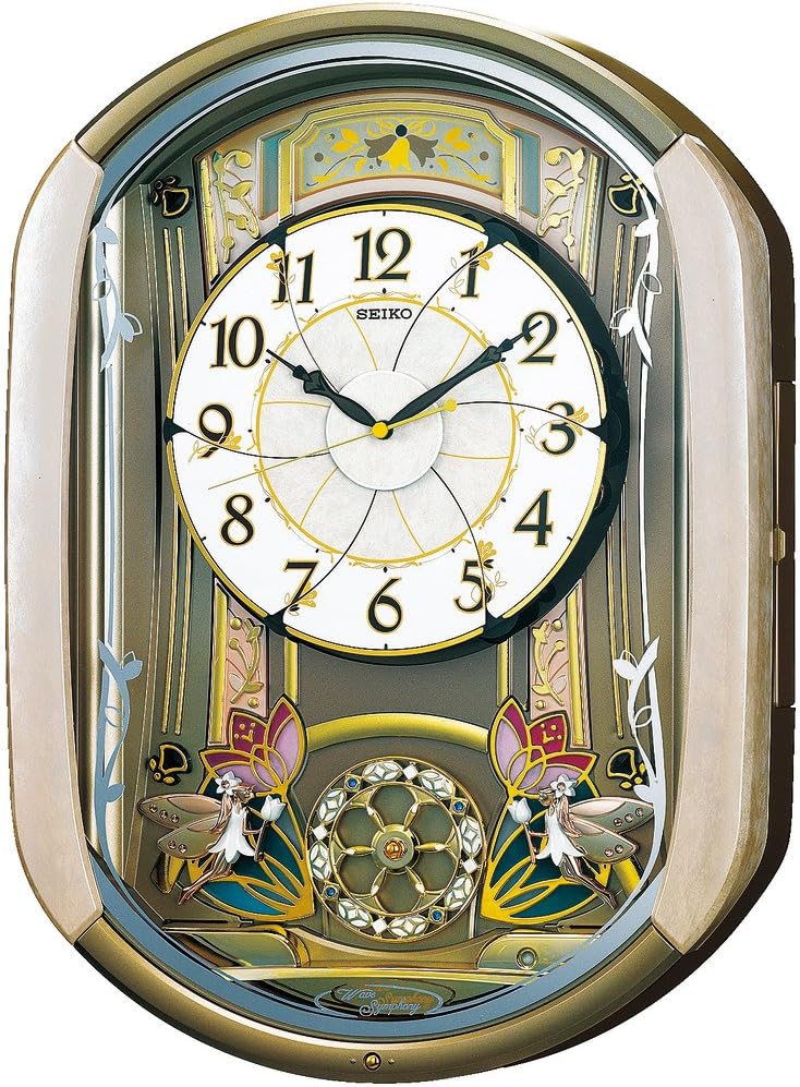 Seiko Clock RE567G Wall Clock, Karakuri Clock, Radio Watch, Analog, 30 Songs, Melody, Program Functions, Rotating Decoration, Light Pink, Marble Pattern