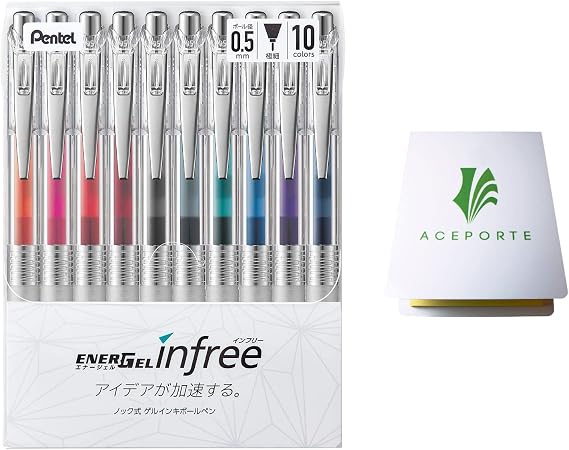 ENERGEL Pentel Infree Gel Ink Ballpoint Pen 0.5mm, Needle Tip 10 colors set with Sticky Notes