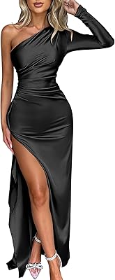 Caracilia Womens Wedding Guest Maxi Dress 2025 Fall One Shoulder Sleeve Satin Bodycon High Split Cocktail Formal Prom Dresses