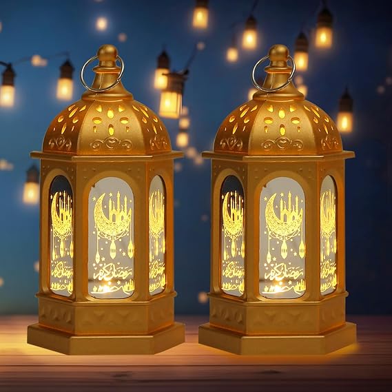 Hying 2 Pieces Eid Mubarak Lanterns Decoration 5.2" Height Hanging Lamp Ramadan Flameless Candle Holder with Transparent Glass Eid Mubarak Gifts Lantern for Home Tabletop Decor