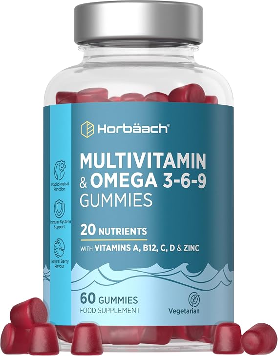 Multivitamin Gummies with Omega 3 6 9 | 60 Count | 20 Nutrients with Vitamin A, B12, C, D & Zinc | Palm Oil Free | Vegetarian Friendly Formula for Adult Men and Women | By Horbaach
