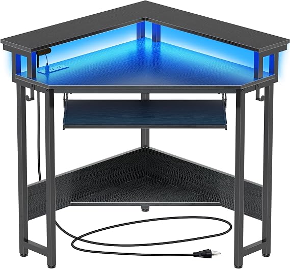 Rolanstar Corner Desk,44" W x 34" H Small Computer Desk with Power Outlets, Gaming Desk with LED Lights, Triangle Corner Table with Keyboard Tray & Monitor Stand for Small Space, Black
