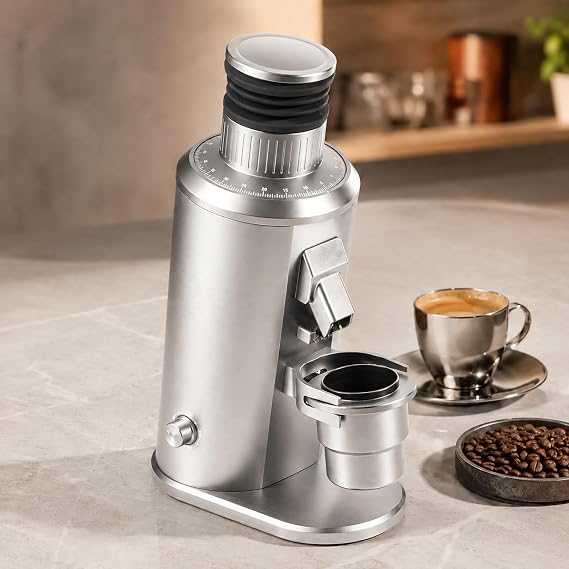 Single Dose Coffee Grinder - 80mm Flat Burr Grinder with 550W Motor, 800-1600 RPM Speed Control, Bellows Hopper and 58mm Espresso Holder Silver