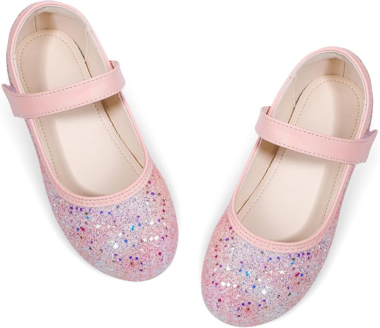 Toddler Girls Mermaid Dress Shoes Glitter Ballet Flats Non-Slip Soft Mary Jane Flower Girl Princess Shoes for School Party Wedding