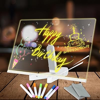LED Note Board with Colors, 11.8X7.9 4 Modes & 7 Colors Led Acrylic Message Board with Light, Light up Acrylic Dry Erase Board, Led Drawing Board with Stand, 7 Markers Lumiboard Drawing Board