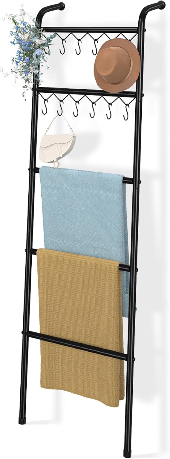 Simple Trending Blanket Ladder, 5 Tier Metal Towel Rack with 12 Hooks