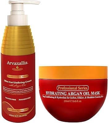 Ultra Curl Defining Cream with Argan Oil and Hydrating Hair Mask Bundle - The Ultimate Revitalizing and Styling Combo for Wavy and Curly Hair by Arvazallia