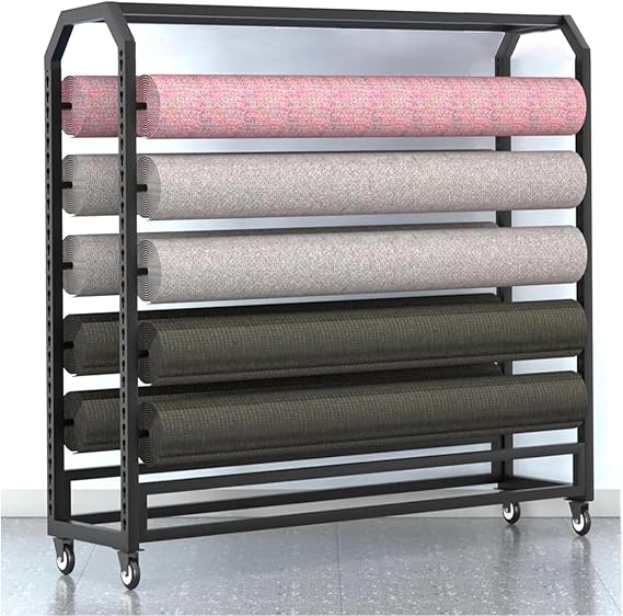 Large Textile Fabric Roll Storage Rack with Adjustable Hanging Rod, Movable Heavy Duty Vinyl Rolls/Leather Rolls/ Window Film/Wallpaper Displays Organiser Holder, for Boutique Display, Commercial(10 r