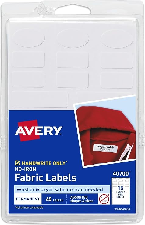 Avery No-Iron Fabric Labels, Assorted Shapes and Sizes, Washer and Dryer-Safe Waterproof Labels, Non-Printable, 45 Total (40700)