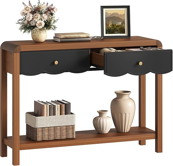 43.3" Console Table, Entryway Table with 2 Drawers and Open Storage Shelf, Vintage Wooden Sofa Table Behind Couch, Narrow Foyer Table for Living Room, Hallway, Entrance, Walnut and Black