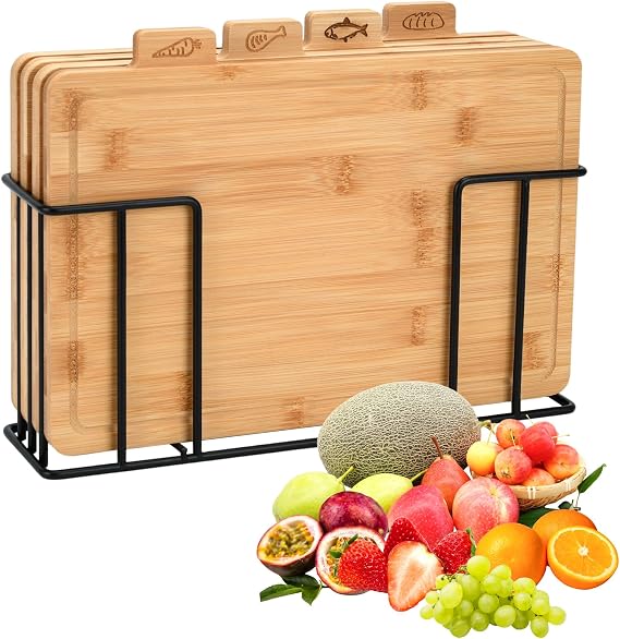 4 Pcs Bamboo Chopping Board Set with Iron Stand, 32x25cm