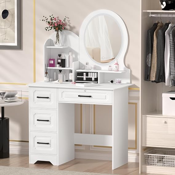 Vanity Desk with Mirror and Drawers, Bedroom Dressing Table, Vanity Table with Mirror and Led Lights, Adjustable Brightness, Makeup Desk with 4 Drawers and Open Shelves for Bedroom, White