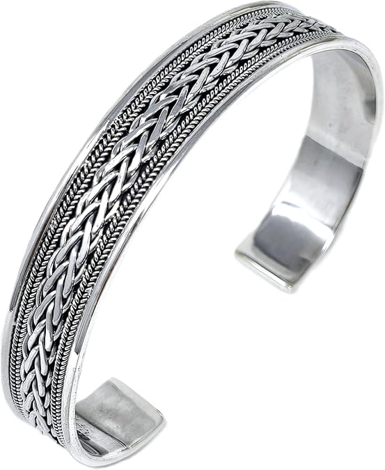 Men's Silver Bangle Bracelet | Classic Handmade 925 Sterling Silver Braided Cuff Bracelet