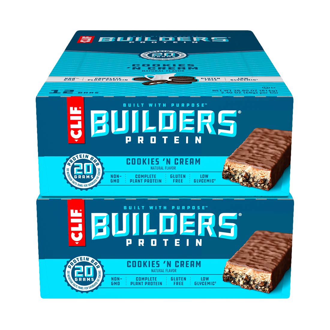 CLIF BUILDERS - Protein Bars - Cookies and Cream - 20g Protein 2.4 Ounce, 24 Count Now Gluten Free