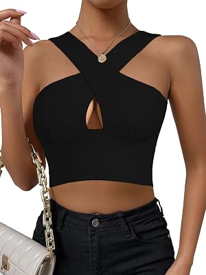 Sexy Crop Tops for Women Going Out Trendy Summer Tops Criss Cross Wrap Shirt Cutout Cleavage Tops Sleeveless Tank Tops Black XL