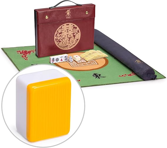 Yellow Mountain Imports Mahjong Bundle - Professional Chinese Mahjong Set, Double Happiness (Yellow) with Chinese Mahjong Scoring Sticks (Ivory) and Green 31.1-inch Table Cover