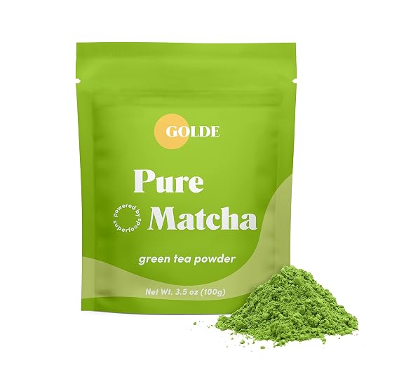 GOLDE - Pure Matcha - Ceremonial Grade Matcha Powder - Green Tea Superfood w/L-Theanine & Antioxidants - 60mg Caffeine - Jitter Free Energy - 100g Pouch