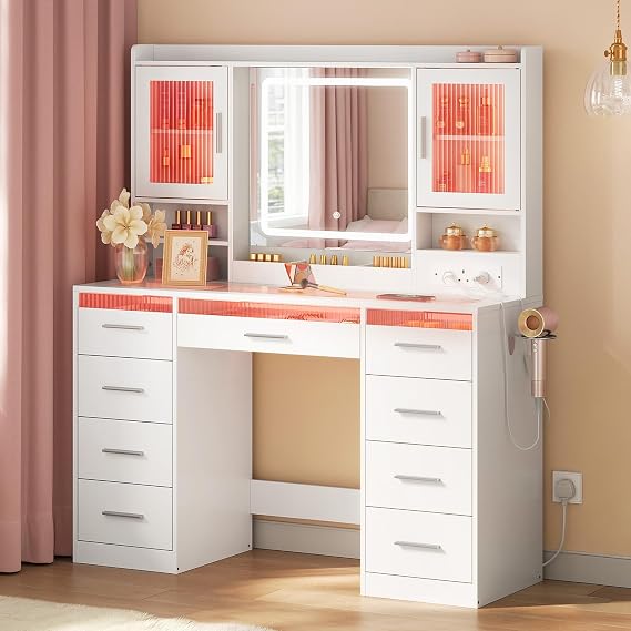 WOLTU Dressing Table with Mirror and RGB Lights, Charging Station, White | Vanity Desk with 9 Drawers 2 Doors, Transparent Tempered Glass Tabletop Makeup Desk for Bedroom