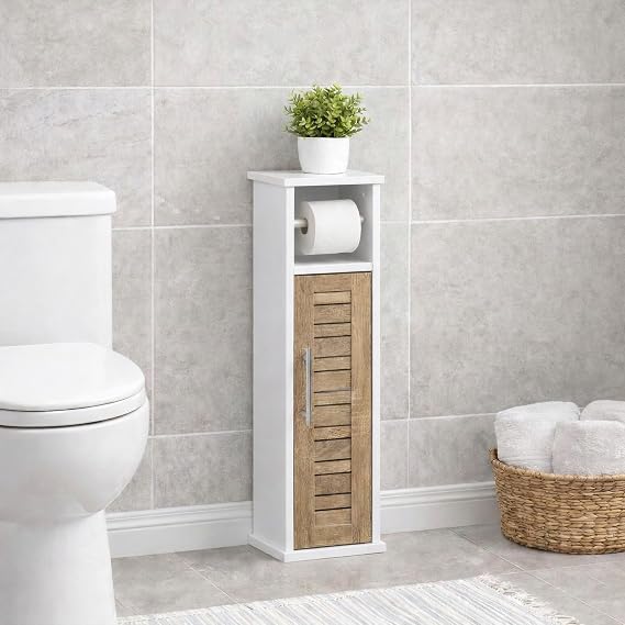 Small Toilet Paper Storage Cabinet, Vented Door, Freestanding, Brown