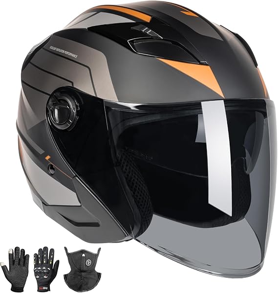 Open Face 3/4 Motorcycle Helmets for Adult Men Women, DOT Approved Dual Visor Street Bike Racing Helmet, Motorbike ATV Moped Cruiser Helmet with Gloves & Mask