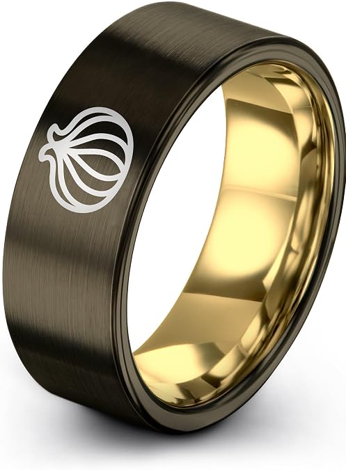 Gift for Foodie Friend - Dumpling Ring - Band - Anniversary Wedding - 8mm - Yellow Rose Gold Gunmetal - Brushed Polished - Personalized Custom Engraving - Tungsten - Men Women - Flat Dome Bevel