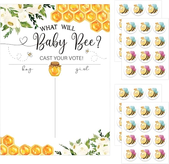 Bumblebee Gender Reveal Game Cards, Baby Shower Voting Game with Blue and Yellow Stickers for Gender Announcement Party