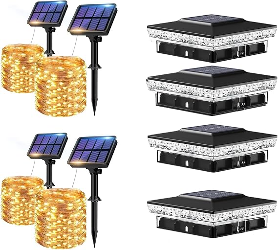 4 Pack Solar String Lights Outdoor + 4x4 Solar Post Cap Lights Outdoor 4 Pack 2 Color Modes 16 LED Fence Post Lights, Waterproof Solar Powered Deck Lighting Outside for 4x4 3.5x3.5 Wooden/Vinyl
