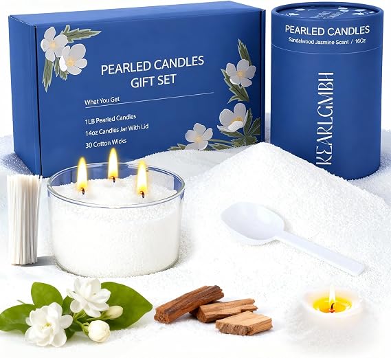 LFENYIGI Sand Candle Making Kit Gift Set - Pearled Candle Sand and Wicks,Lidded Large Glass Jar, Jasmine Sandalwood Scent, 100-Hour Burn, Pearled Candles Making Gift for Adults & Beginners