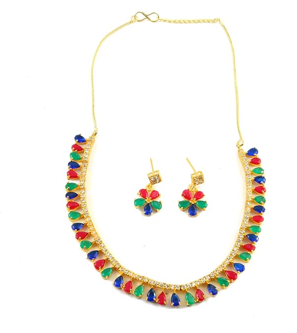 JewarHaat Indian Bollywood Necklace Set AD CZ Elegant Gold Plated Multi Stones Sparkling Crystals Choker with Earrings Fashion Jewellery for Women & Girls