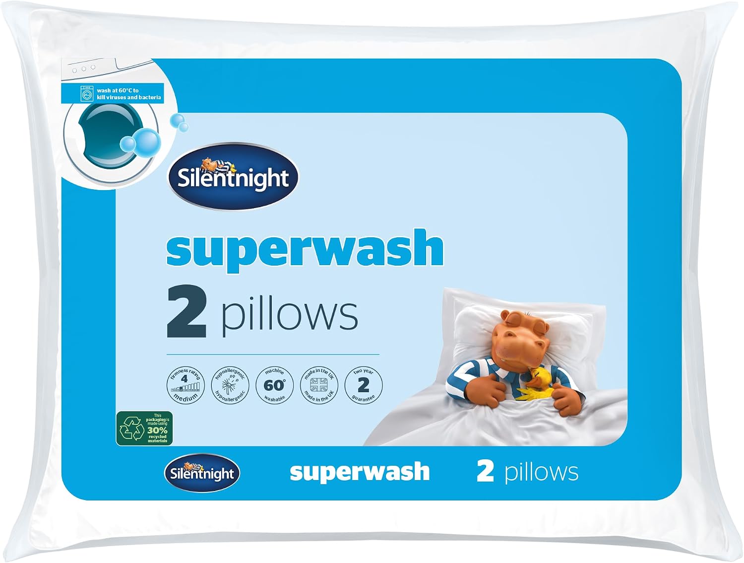 Silentnight Superwash Pillows 2 Pack - Pack of 2 Medium Support Pillows Designed to Withstand Repeated Machine Washing for Fresh and Hygienic Sleep - Hypoallergenic, White