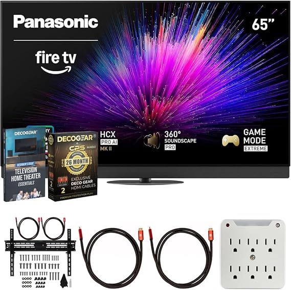 Panasonic TV-65Z95BP Z95BP Series 65 inch LED 4K Ultra HD Smart Fire TV Bundle with 2X HDMI 2.0 Cable, TV Wall Mount, 6-Outlet Surge Adapter, Theater Essentials and Exclusive 26 Month Protection Pack