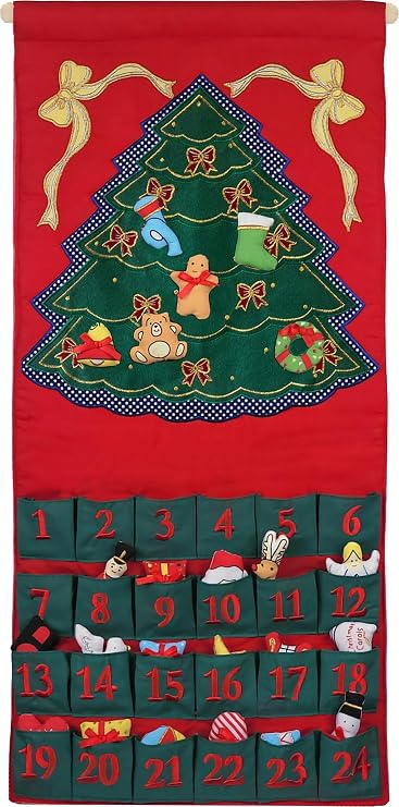 Green Christmas Tree Advent Calendar | Interactive Christmas Holiday Decor Embroidered Seasonal Soft Fabric Wall Hanging Countdown