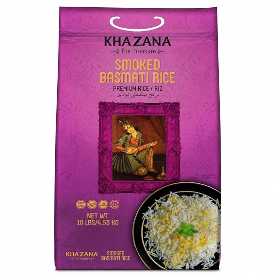 Authentic Smoked Basmati Rice by Khazana in 10 lb Bag - Aromatic and Flavorful Indian Grain - Non-GMO, Gluten Free, Kosher, Cholesterol Free