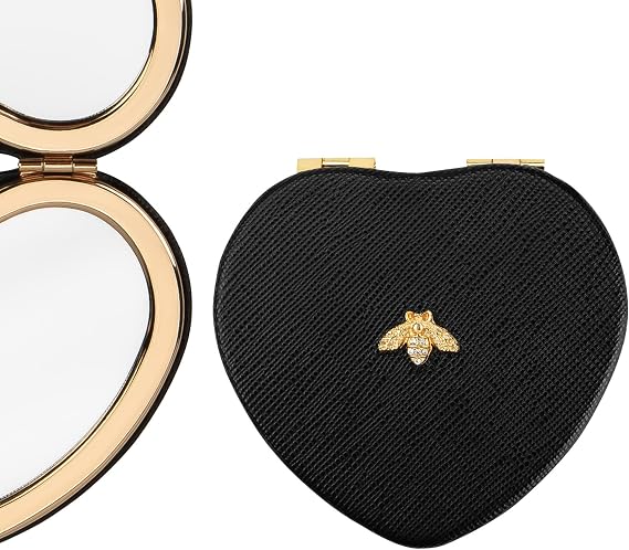 Compact Mirrors, Leather Folding Travel Mirrors, Bee Double Sided Handheld Mirrors, Portable Heart Shape Makeup Mirrors Gift for Girls Women Mothers
