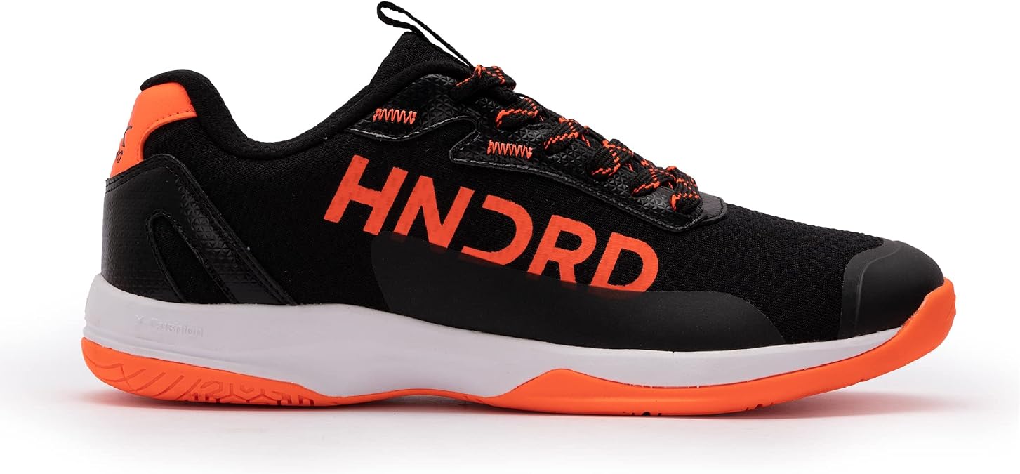 Hundred Xoom Pro Non-Marking Professional Badminton Shoes for Men | Material: Faux Leather | Suitable for Indoor Tennis, Squash, Table Tennis, Basketball & Padel (Black/Orange, EU 45, UK 11, US 12)