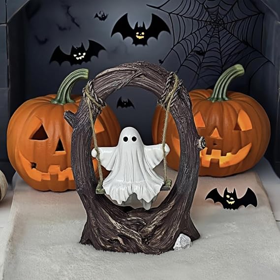 Swinging Ghost on Tree Swing, Cute Swinging Ghost Halloween Figurine Indoor Decoration, Desktop & Bookshelf Decor, Outdoor Courtyard Garden Decoration, Halloween Ghost Gift