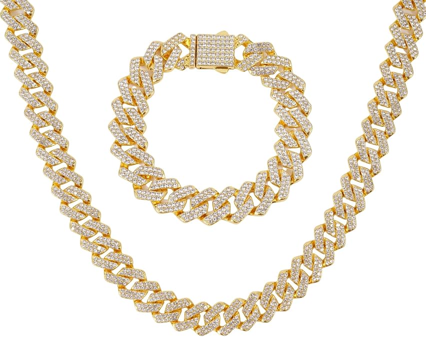 2pcs Mens Cuban Link Chain & Bracelet Gold Silver Plated Bling Miami Cuban Necklace Diamond Chain for Men 15MM Iced Out Hip Hop Necklace 18-24inch