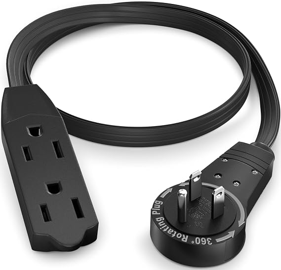 Maximm 1 Ft UL 360 Rotating Flat Plug Extension Cord, 3-Outlet, 16/3 AWG