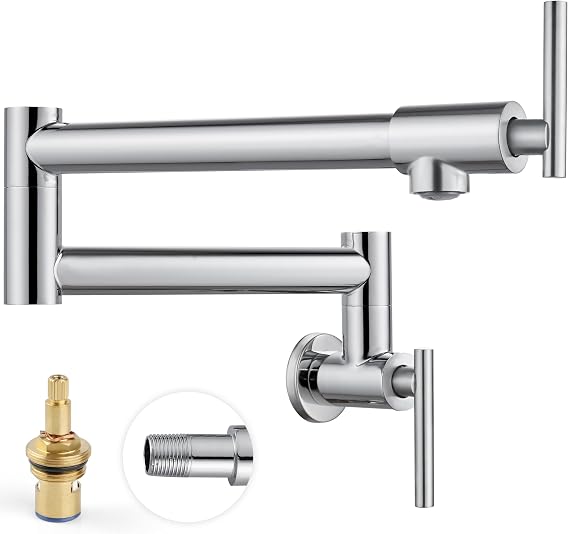 Pot Filler Faucet Wall Mounted Folding Stretchable Kitchen Sink Water Tap with Double Joint Swing Arm Single Hole Two Handles Restaurant Kitchen Faucets, Polish Chrome, T-Shape Handle