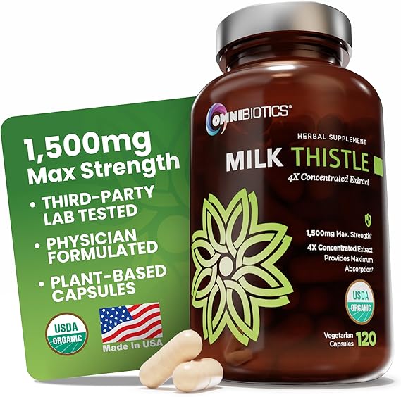 OmniBiotics Organic Milk Thistle Supplement 1500mg 4X Concentrated Extract with Silymarin High Potency Liver Detox & Support 120 Vegan Capsules