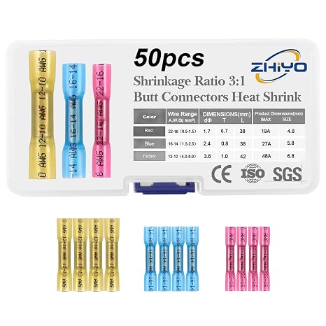 ZhiYo Heat Shrink Butt Connectors - Electrical Wire Connectors Kit - Insulated Waterproof Marine Automotive Wire Crimp Terminals - AWG 22 10 3 Sizes Butt Splice (50PCS)